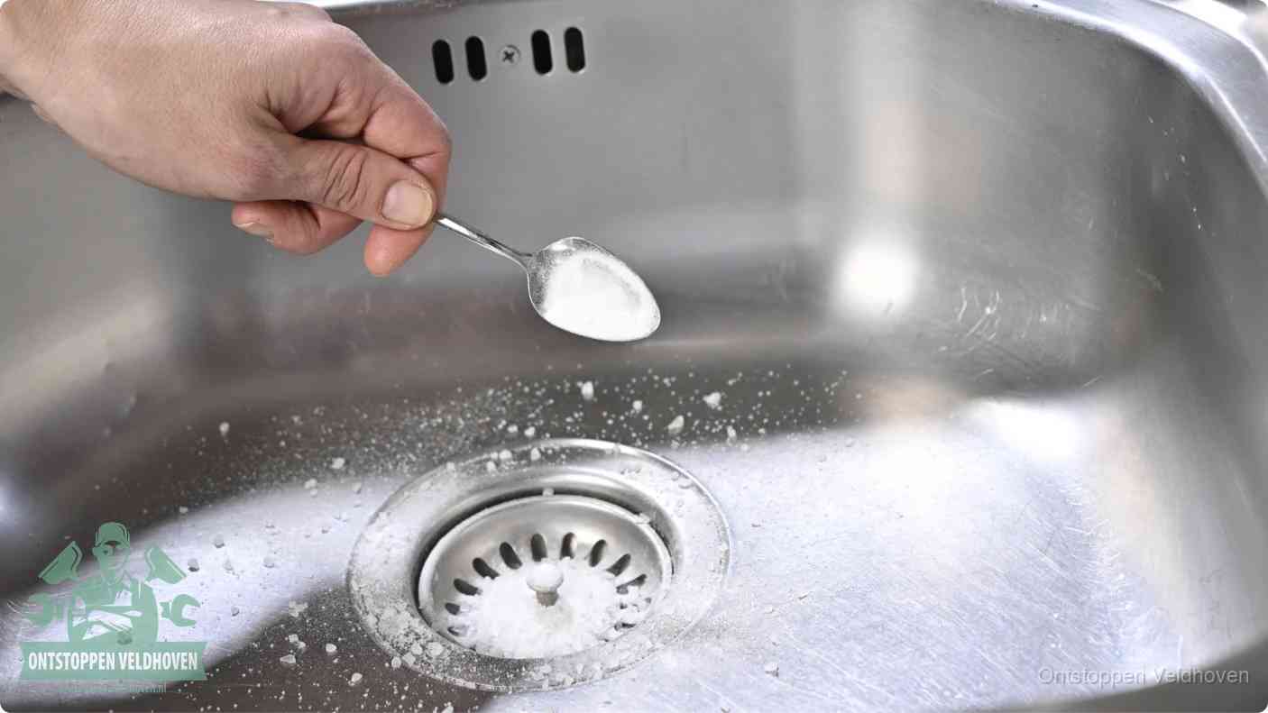 Een hand strooit met een lepel soda in de afvoer van een roestvrijstalen spoelbak, de soda en azijn huismiddel-methode om de afvoer te ontstoppen in Veldhoven