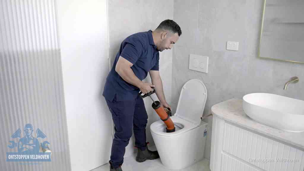 Een monteur buigt over een wandcloset en duwt met de hand een persluchtontstopper in de toiletpot om de verstopping handmatig los te maken in Veldhoven