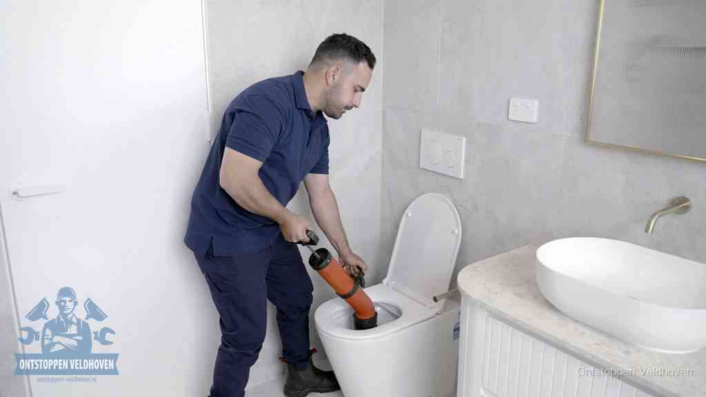 Een monteur gebruikt een handmatige perspomp (toiletontstopper) op een wandcloset tijdens het professioneel wc ontstoppen in Veldhoven
