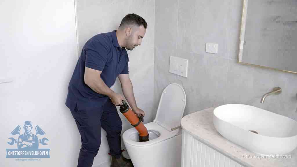 Een man gebruikt een handmatige luchtdruk-ontstopper in een modern betegeld toilet om zelf de wc te ontstoppen in Veldhoven